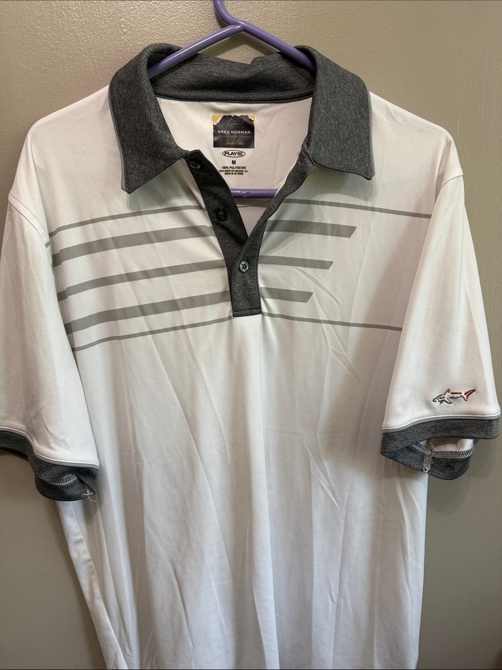 Greg Norman Collection White Polo with Gray Collar and Stripes